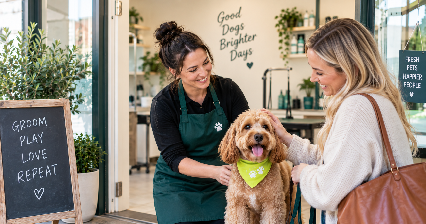 Happy pet parent preparing to leave a review after collecting a freshly groomed dog from a UK salon.
