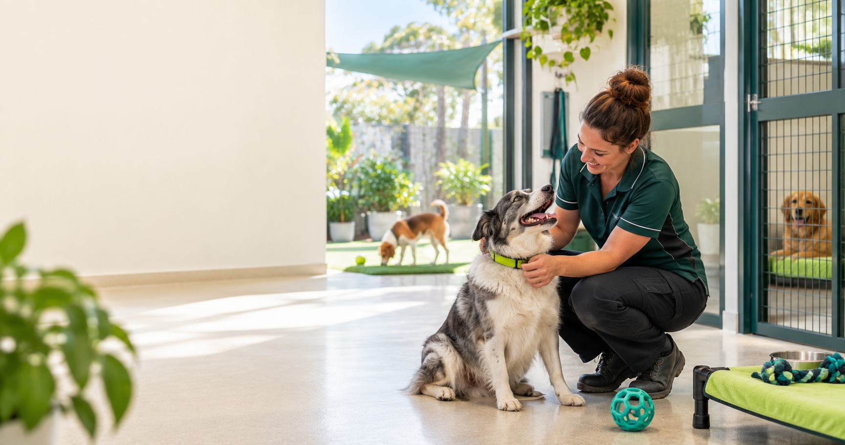 Australian boarding-kennel staff monitoring indoor conditions while dogs rest safely during hot weather.